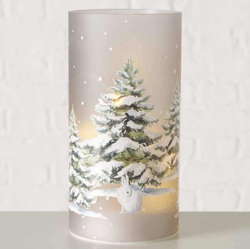 Lanterna led natalizia in vetro opaco decorata con volpe nel bosco innevato, perfetta come regalo di Natale
